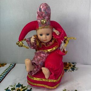 Vintage Musical Clown Jester Doll with Bells, Winds Up Sings